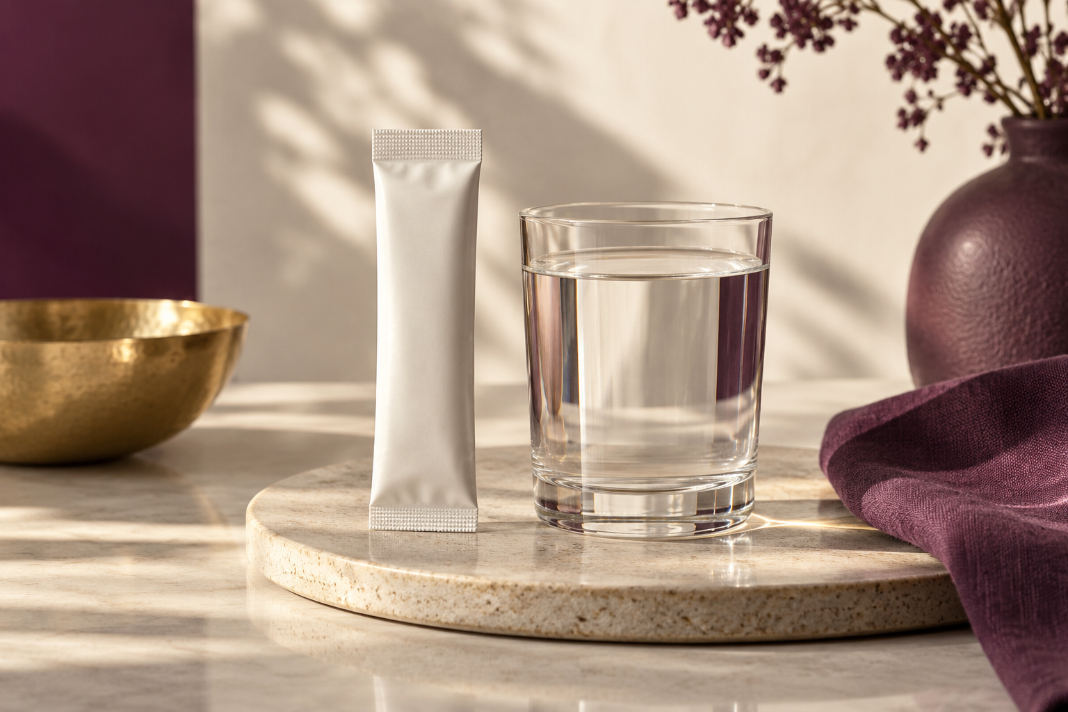 Concept still life with an unlabelled sachet beside a glass of water